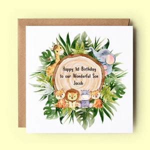 Carte d'anniversaire personnalisée, Carte de 1er anniversaire, Carte d'anniversaire de fils, Carte de joyeux anniversaire, Animaux de safari, Animaux de la jungle, Fils, Petit-fils, Neveu