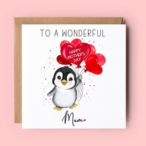 Tarjeta del Día de la Madre, Día de la Madre, Mamá, Mamá, Mamá, Mamá, Pingüino, Tarjeta de Pingüino, Globos de Corazón, Feliz Día de la Madre, Tarjeta para el Día de la Madre