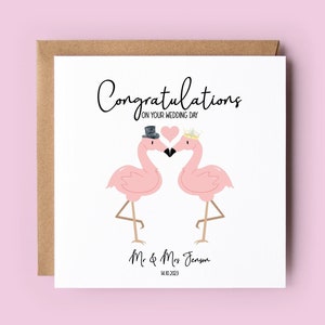Carte de mariage, Carte de mariage personnalisée, Jeunes mariés, Carte de félicitations, Jour du mariage, M. et Mme, Mariage, Flamant rose, Nouveaux mariés