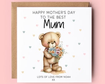 Mother s Day Card Personalised Mother s Day Card Card for Mum Mummy Mom Mam Teddy Bear Card Flowers Hearts Happy Mother s Day Etsy