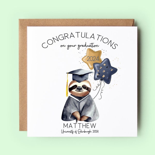 Personalised Graduation Congratulations Card, Graduation 2024 Card, Class of 2024, Sloth, Sloth Card, Graduation Card, University Card, Uni