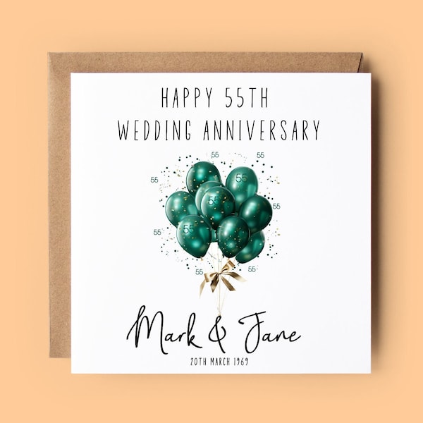 Emerald Anniversary Card, 55th Anniversary, Personalised Anniversary Card, Emerald Anniversary, Emerald Balloons, Wedding Anniversary, 1969