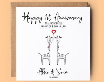 Personalised Anniversary Card, 1st Wedding Anniversary, Daughter & Son in Law Anniversary Card, Giraffe Card, Giraffes, Happy Anniversary