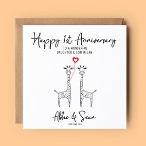 Biglietto di anniversario personalizzato, 1° anniversario di matrimonio, biglietto di anniversario di figlia e genero, biglietto giraffa, giraffe, buon anniversario