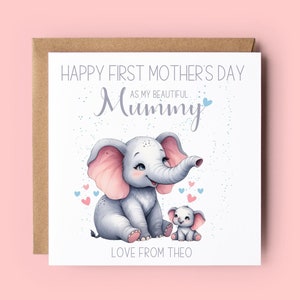 Première carte de fête des mères, 1ère carte de fête des mères, éléphants, carte d'éléphant, carte personnalisée, joyeuse fête des mères, coeurs, cadeau de fête des mères