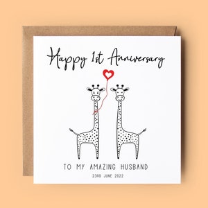 Tarjeta de aniversario para esposo, tarjeta del primer aniversario, tarjeta de aniversario para esposo, aniversario de bodas, tarjeta de jirafa, tarjeta de feliz aniversario