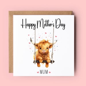 Muttertagskarte, Muttertag, Highland Kuh, Kuh, Schaukel, Karte für Mama, Mummy, Mom, Mam, alles Gute zum Muttertag, Karte zum Muttertag