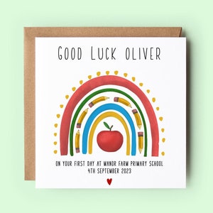 Tarjeta del primer día de clases, tarjeta personalizada de buena suerte en la escuela, escuela primaria, regreso a la escuela, inicio de la escuela, tarjeta de buena suerte, arco iris