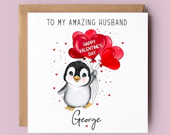 Valentine's Day Card for Husband, Fiancé, Boyfriend, Partner, Personalised Valentine's Day Card, Penguin, Penguin Card, Valentine Card