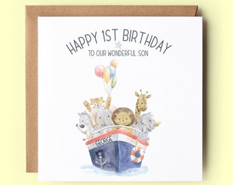 Personalised Birthday Card, Birthday Card, Safari Animals, Jungle Animals, Safari, Son, Grandson, Nephew, Nautical Birthday, Boat Birthday