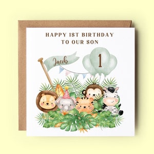 Personalised First Birthday Card, Son Birthday Card, 1st Birthday, 2nd Birthday, Jungle Animals, Safari Animals, Son, Grandson, Nephew