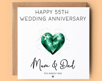 Emerald Anniversary Card, 55th Anniversary, Emerald, Mum & Dad Anniversary, Parents Anniversary, 55 Years Married, Milestone Anniversary