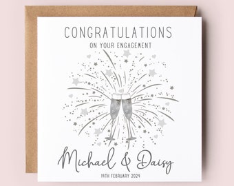 Personalized Engagement Card, Champagne and Fireworks