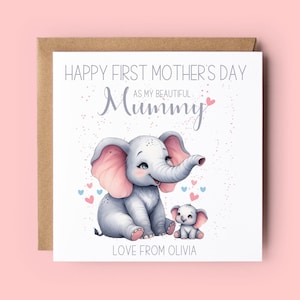 Première carte de fête des mères, 1ère carte de fête des mères, éléphants, carte d'éléphant, carte personnalisée, joyeuse fête des mères, coeurs, cadeau de fête des mères