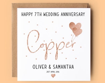 7th Anniversary Card, Copper Anniversary, Personalised Card, 7th Wedding Anniversary Card, Anniversary Card, Cooper, Wedding Anniversary