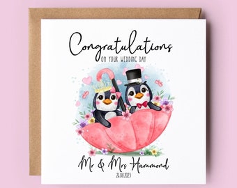 Félicitations personnalisées pour votre carte de mariage, carte de pingouin, juste mariés, M. et Mme, carte de mariage, jeunes mariés, jeunes mariés