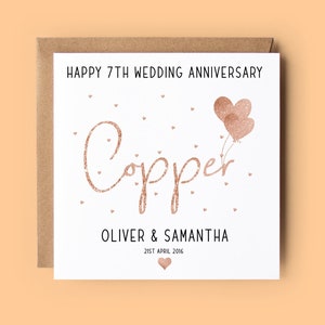 Tarjeta de 7.º aniversario, aniversario de cobre, tarjeta personalizada, tarjeta de 7.º aniversario de bodas, tarjeta de aniversario, cobre, aniversario de bodas