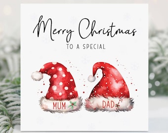 Personalised Mum and Dad Christmas Card: Santa Hats, Merry