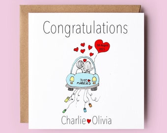 Personalised Wedding Card, Just Married, Mr and Mrs, Congratulations Card, Wedding Day, Bride and Groom, Wedding Car, Stick People, Newlywed