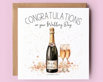 Personalised Wedding Card: Champagne Bottle & Glasses, Mr and Mrs, Bride and Groom
