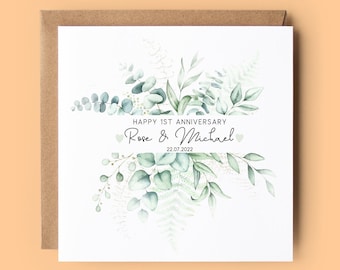 Personalised Anniversary Card, 1st Wedding Anniversary, First Anniversary Card, Eucalyptus Leaves, Wreath, Happy Anniversary, Anniversary