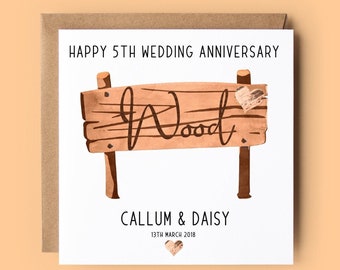 Carte 5e anniversaire, Anniversaire en bois, Carte personnalisée, 5e anniversaire de mariage, Carte d'anniversaire, Bois, Carte d'anniversaire de mariage