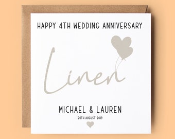 4th Anniversary Card, Linen Anniversary, Personalised Card, 4th Wedding Anniversary, Anniversary Card, Linen, Wedding Anniversary Card