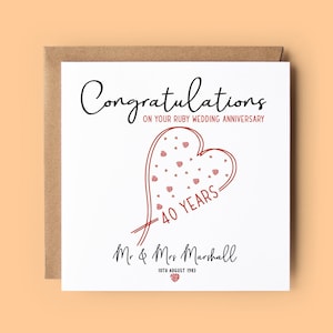 Carte d'anniversaire rubis, 40e anniversaire de mariage, carte personnalisée, 40e anniversaire, anniversaire de mariage rubis, 40 ans, rubis, coeurs