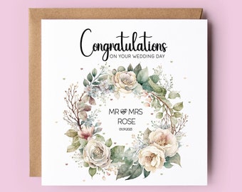 Personalised Wedding Card, Just Married, Mr and Mrs, Congratulations Card, Wedding Day, Bride and Groom, Wedding Wreath, Floral Wreath