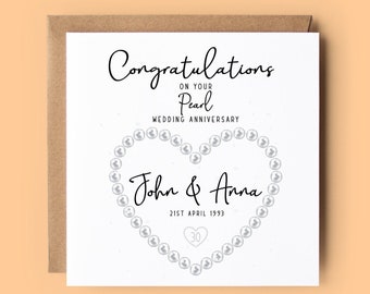 May include: A white card with black text that reads "Congratulations on your Pearl Wedding Anniversary" with a heart made of pearls around the text "John & Anna 21st April 1993".