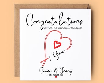 1st Wedding Anniversary Card, Personalised Card, 1st Anniversary Card, 1 Year Anniversary, Paper Anniversary, First Anniversary, Hearts