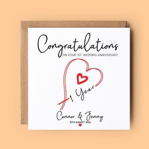 Tarjeta del 1er aniversario de boda, tarjeta personalizada, tarjeta del 1er aniversario, aniversario de 1 año, aniversario de papel, primer aniversario, corazones