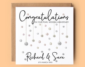 30th Wedding Anniversary Card, Pearl Wedding Anniversary, Personalised Card, Pearls, Wedding Anniversary Card, 30th Anniversary Card