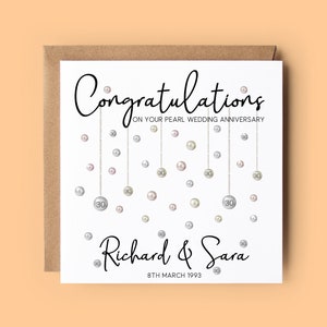 Biglietto per il 30° anniversario di matrimonio, anniversario di matrimonio con perle, biglietto personalizzato, perle, biglietto per l'anniversario di matrimonio, biglietto per il 30° anniversario