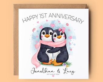 Carte 1er anniversaire de mariage, carte personnalisée, carte pingouin, 2e anniversaire, 3e anniversaire de mariage, papier, coton, premier anniversaire de mariage, pingouins