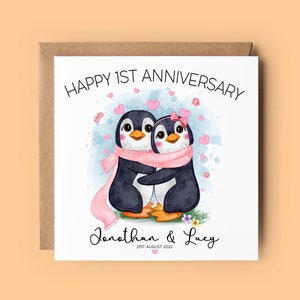 Kaart 1e huwelijksverjaardag, gepersonaliseerde kaart, pinguïnkaart, 2e verjaardag, 3e verjaardag, papier, katoen, eerste verjaardag, pinguïns