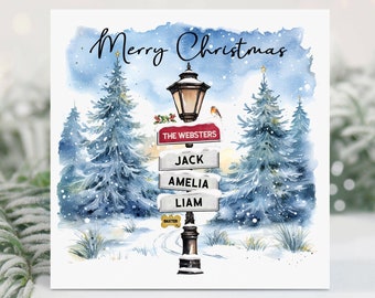 Carte de Noël, Carte de Noël de famille personnalisée, Carte de joyeux Noël, Noms de famille, Noël en famille, Carte de Noël, Scène de neige, Panneau de signalisation