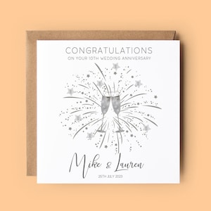 Biglietto per il 10° anniversario di matrimonio, 10° anniversario, biglietto personalizzato, buon 10° anniversario, anniversario di latta, bicchieri da champagne, 10 anni