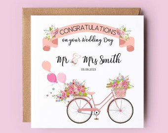 Personalised Wedding Card, Wedding Card, Congratulations Card, Mr and Mrs, Bride and Groom, Just Married, Wedding Day Card, Bicycle,Newlywed