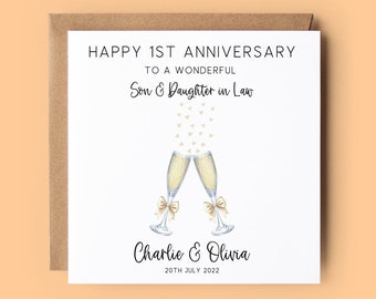 Anniversary Card, Personalised Card, Son Daughter In Law, Anniversary Card, Wedding Anniversary, Champagne Glasses, Celebration Card