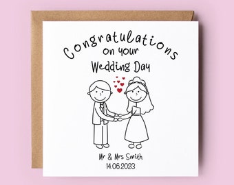 Wedding Card, Personalised Wedding Card, Mr and Mrs, Just Married, Bride and Groom, Congratulations Card, Wedding Day Card, Stick People