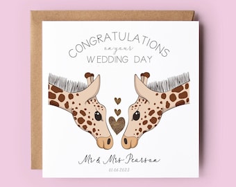 Wedding Card, Personalised Wedding Card, Just Married, Mr and Mrs, Wedding Day Card, Bride and Groom, Giraffe Card, Giraffes, Newlywed