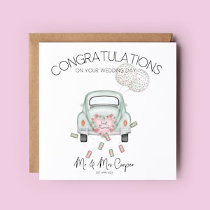 Biglietto di nozze, biglietto di nozze personalizzato, appena sposati, biglietto di congratulazioni, signor e signora, giorno delle nozze, novelli sposi, sposa e sposo, auto nuziale