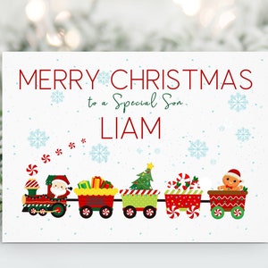 Biglietto di Natale personalizzato per figlio, nipote, figlia, nipote, figlio, nipote, fratello, sorella, treno di Natale, Babbo Natale, biglietto di Natale