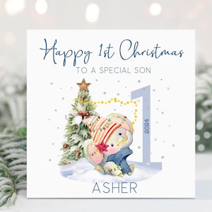 Primera Navidad del bebé, 1a Navidad, Tarjeta de Navidad personalizada, Tarjeta de Navidad para hijo, nieto, sobrino, hermano, Tarjeta de elefante