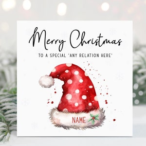 Tarjeta de Navidad, Tarjeta de Navidad personalizada, Gorros de Papá Noel, Tarjeta para cualquier relación, Nombres personalizados, Hijo, Hija, Nieto, Nieta, Navidad
