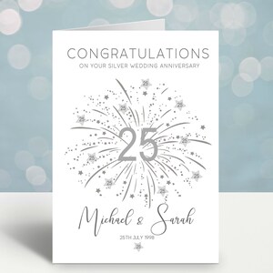 Congratulations on your silver wedding anniversary with silver number 25 and stars, personalised with the couples names and date