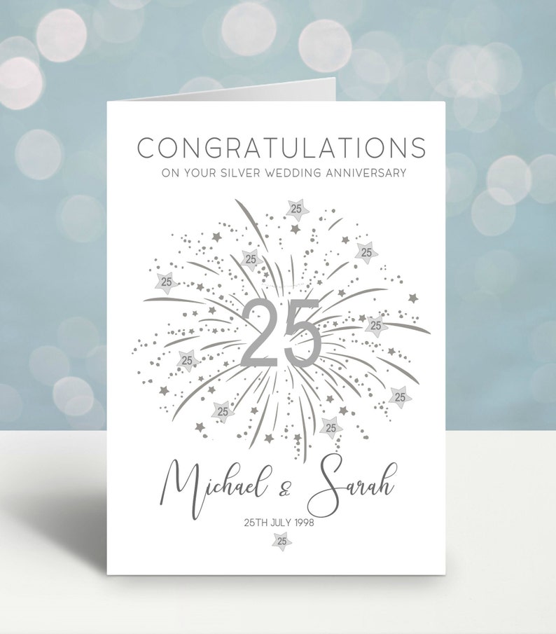 Congratulations on your silver wedding anniversary with silver number 25 and stars, personalised with the couples names and date