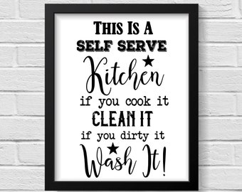 Impression de règles de cuisine amusantes : oeuvre d'art de cuisine libre-service (sans cadre)
