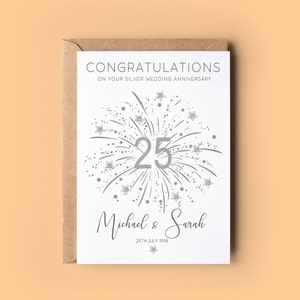 Congratulations on your silver wedding anniversary with silver number 25 and stars, personalised with the couples names and date